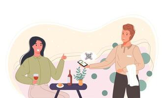 A man and woman are sitting at a table with wine and food vector