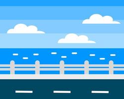 Illustration of bright blue coastal scene with white clouds and a serene ocean view, complemented by a simple road in the foreground vector