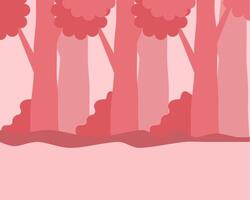 Illustration of soft pink forest scene with stylized trees and bushes, creating a warm, inviting atmosphere vector
