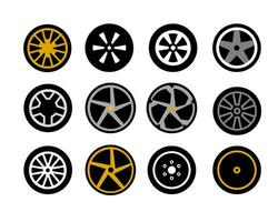 Illustration of collection of 12 stylized wheel rims designs in various colors and patterns, showcasing modern and classic automotive aesthetics vector
