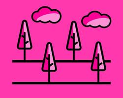 Illustration of playful pink landscape with stylized pink trees and clouds, creating a whimsical and cheerful vibe vector