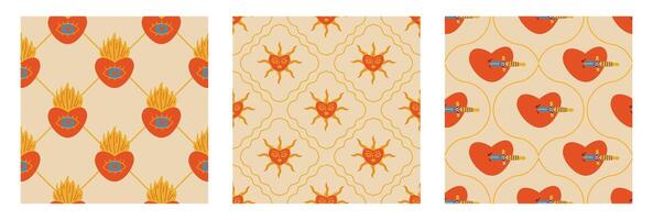 A set of seamless patterns with hearts in retro style. A burning heart, a pierced heart, a sun heart. vector