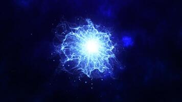 A dynamic burst of electric blue energy sphere radiating from a central point against a dark background, representing power and motion background video