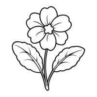 Black and white outline illustration of a primrose flower with detailed petals and two leaves vector