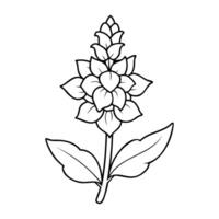 Black and white line art of a snapdragon flower with distinct layered petals and leaves vector
