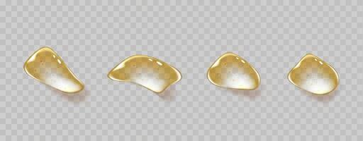 Gold Drops of transparent oil and gel texture. Swatches of cosmetic serum with bubbles. Set of liquid cosmetic droplets, including glycerin and shampoo. vector