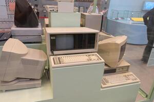The first old computer COMPAQ. Retro device. Compaq Computer Corporation machine. Poland, Warsaw - July 28, 2023 photo