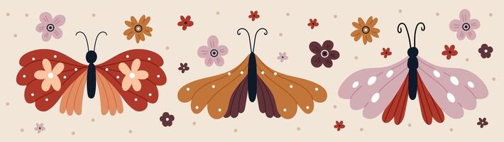 Butterflies in naive style in vintage colors. vector