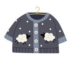 A cute children's knitted cardigan sweater with a sheep pattern in the Scandinavian style is hanging on a hanger. vector