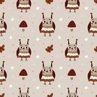 Cute children's autumn pattern in a naive style with owls and mushrooms and leaves.Forest seamless pattern with cute owls. vector