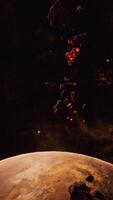 un grande racimo de asteroides cerca un desconocido planeta, vertical video