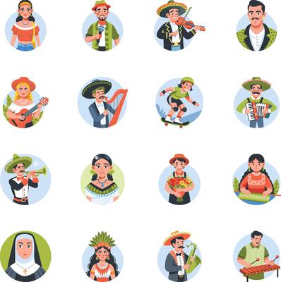 Collection of Flat Style Mexican Traditional Characters Illustrations
