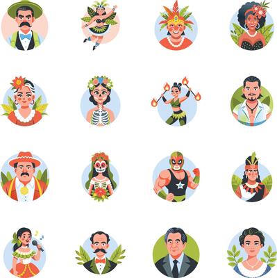 Bundle of Flat Style Mexican Avatar Illustrations