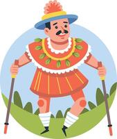 A flat illustration of a folk character doing traditional dance with sticks vector