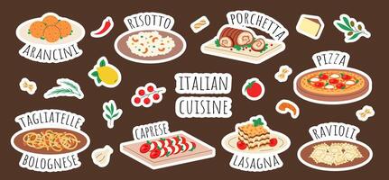 Set of stickers Italian cuisine, food, dish. Pizza, lasagna, pasta tagliatelle bolognese, ravioli, risotto, arancini, porchetta, caprese. illustration vector