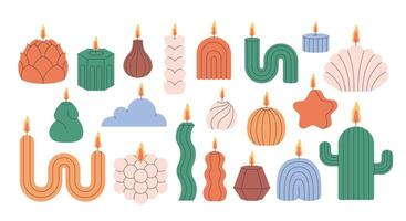 Decorative aromatic candles various shapes and colors. Burning scented candles, home interior and aromatherapy. vector