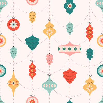 Seamless pattern with Christmas tree toys. Christmas ornaments. Print for wallpapers, textiles, wrapping paper, banners.