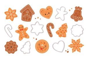 Gingerbread Cookies and cookie cutters collection. Christmas cookies with icing vector