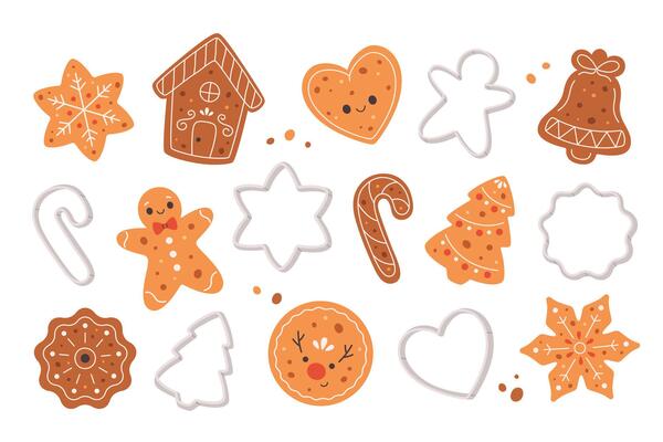 Gingerbread Cookies and cookie cutters collection. Christmas cookies with icing