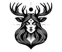 An illustration of female head in moon with deer antler in white background. Horror and mystery element design. vector