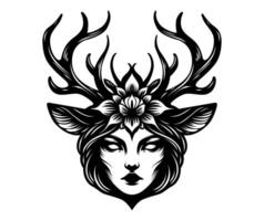 An illustration dark of female head with deer antler in white background. Horror and mystery element design. vector