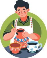 A flat illustration of potter painting on ceramics pots vector