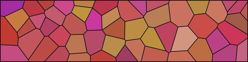 a vibrant Voronoi diagram with polygons in shades of red, orange, yellow, and pink. The irregular polygons are bordered by black lines, creating a stained-glass-like effect. vector
