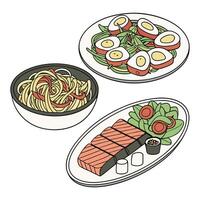 A set of plates with food and a bowl of noodles vector