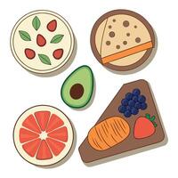 A variety of food items including an avocado, grapefruit, and a slice of pizza vector