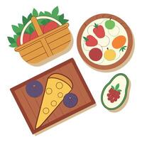 A basket of fruit and vegetables, a pizza and a basket of fruit vector