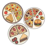 Pizza, burger and salad on plates vector