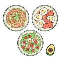 Three plates with food on them, including an avocado vector