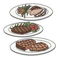 Three plates with steak, vegetables and salad vector