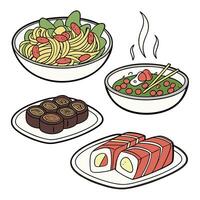 A set of different types of food including noodles, sushi, and meat vector