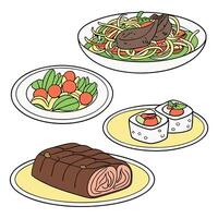 A set of three plates with meat, vegetables and salad vector
