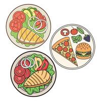 Three plates with food on them, including pizza, chicken, and salad vector