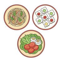Set of food plates with pasta, egg, and vegetables vector