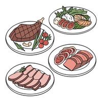 Three plates with meat and vegetables on them vector