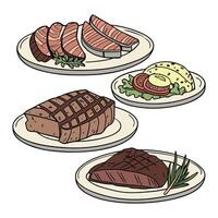 Plates of steak, salad and potatoes vector