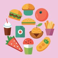 Fast food icons set on a pink background vector