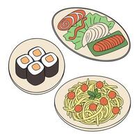 A set of plates with pasta, sushi and vegetables vector