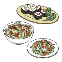 A set of plates with food and a bowl of noodles vector