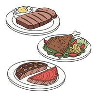 Illustration of steak, egg and salad on plates vector