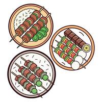 Three plates with skewers and rice on them vector