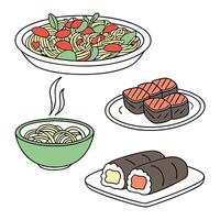 A set of food items including noodles, sushi, and a bowl of soup vector