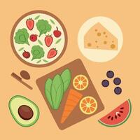 Plates with fruits, vegetables and cheese vector