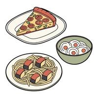 A plate with pasta, pizza and eggs vector