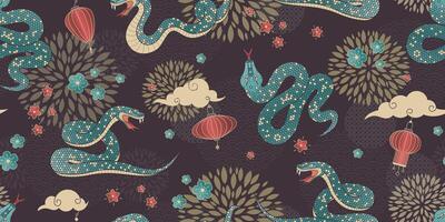 Chinese snake seamless pattern. Symbol of the Lunar New Year 2025 in geometric style with paper lanterns and traditional motives on a brown background vector