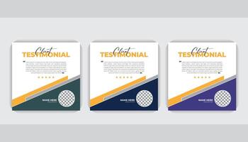 Three color variation, Client feedback social media post bundle carousel design. Client testimonial banner template vector