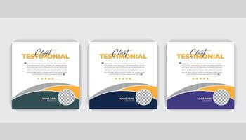Corporate and modern layout, 3 color variation, Client feedback social media post bundle carousel design. Client testimonial banner template vector